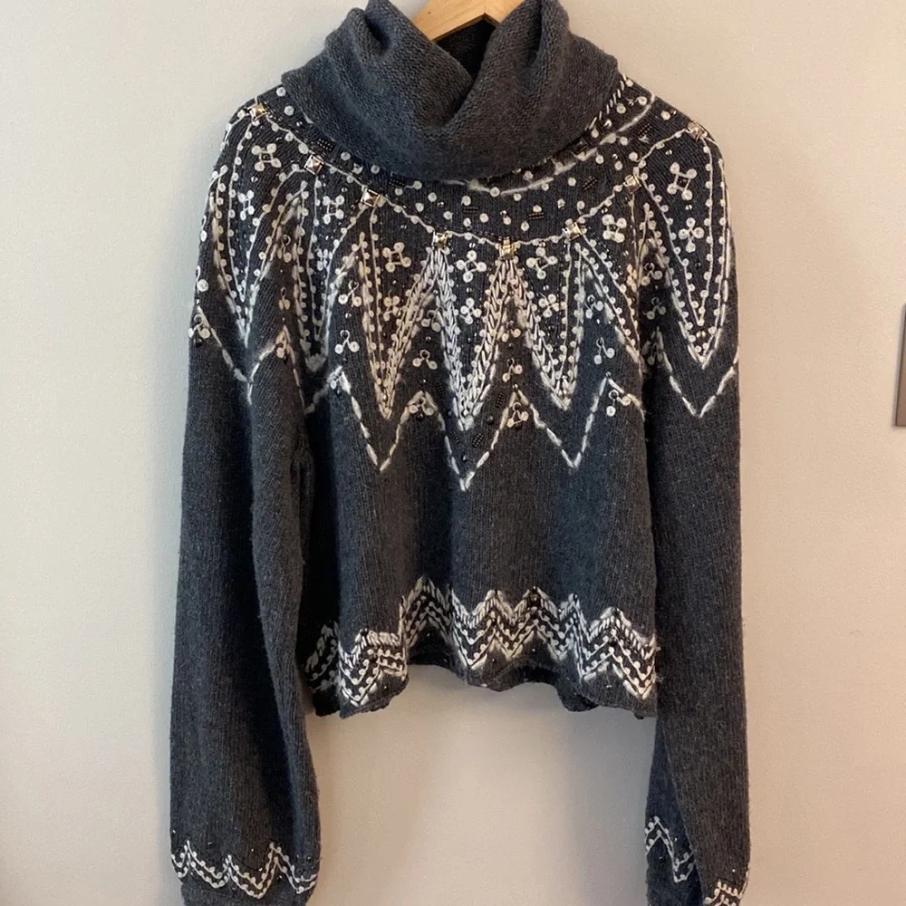 Free People Charcoal Turtleneck Sweater with Ivory Design - Picture 8 of 16